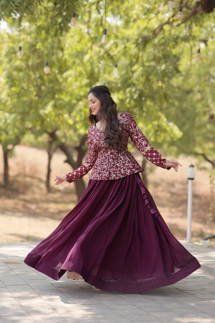 Alluring Sequins Embroidered Fully Stitched Top Lehenga Set - Ethnicwish