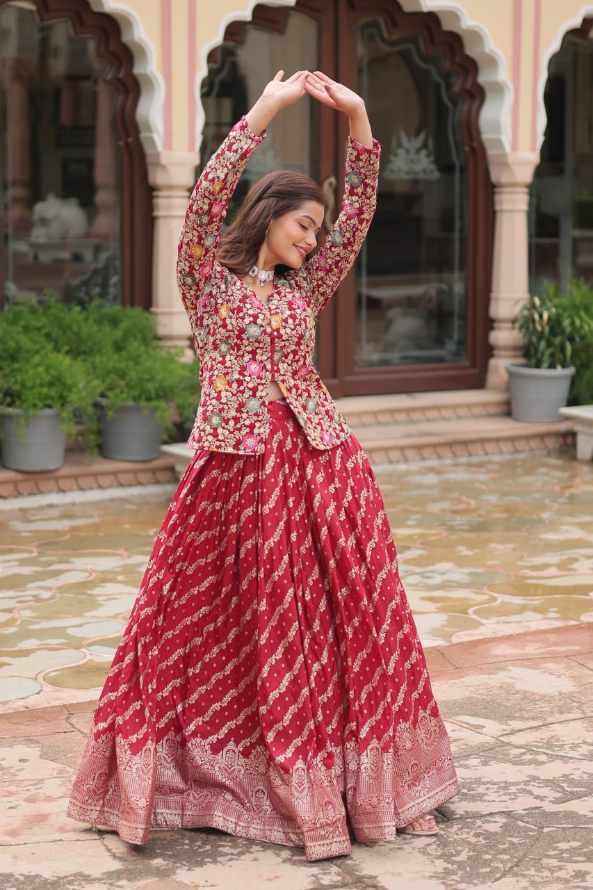 Breathtaking Faux Georgette Sequins Embroidered Top Lehenga Set - Ethnicwish
