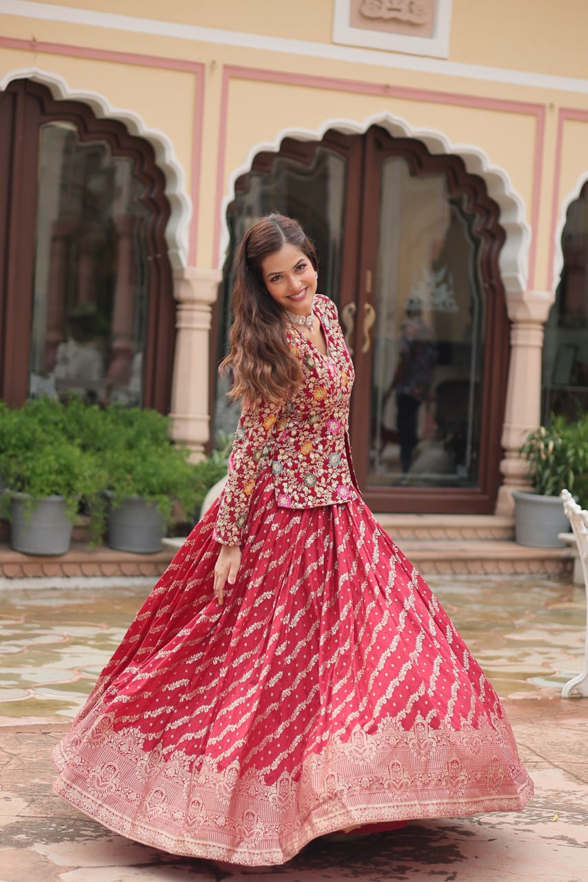Breathtaking Faux Georgette Sequins Embroidered Top Lehenga Set - Ethnicwish