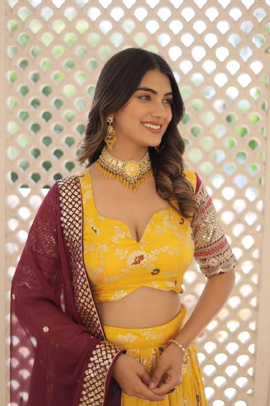 Resplendent Viscous Jacquard Sequins Embroidered Wedding Wear Lehenga Choli - Ethnicwish