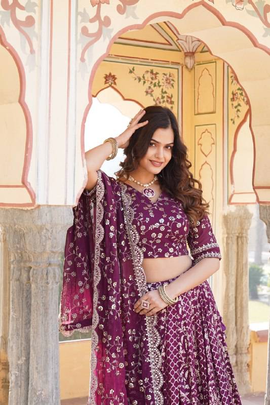 Compelling Viscous Jacquard Sequins Embroidered Lehenga Set - Ethnicwish