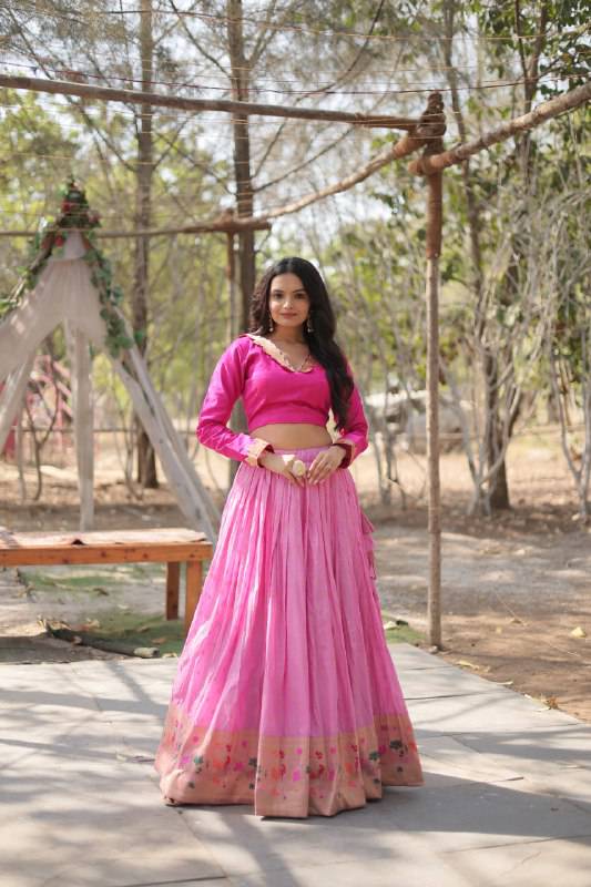 Chic Viscose Jacquard Zari Border Worked Fully Stitched Lehenga Choli - Ethnicwish