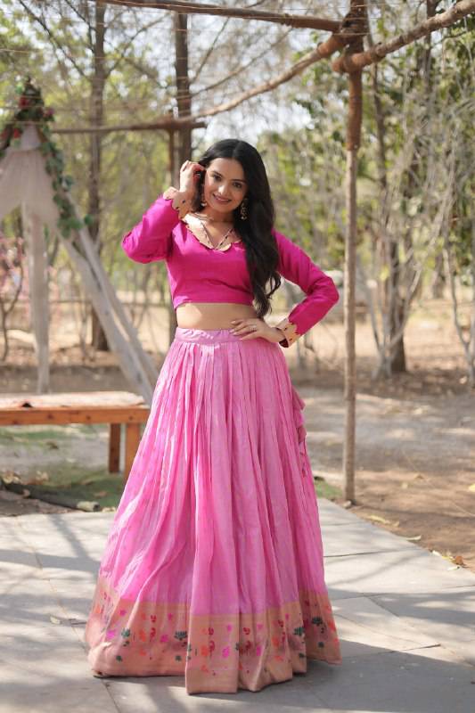 Chic Viscose Jacquard Zari Border Worked Fully Stitched Lehenga Choli - Ethnicwish
