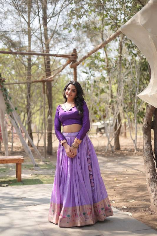 Chic Viscose Jacquard Zari Border Worked Fully Stitched Lehenga Choli - Ethnicwish