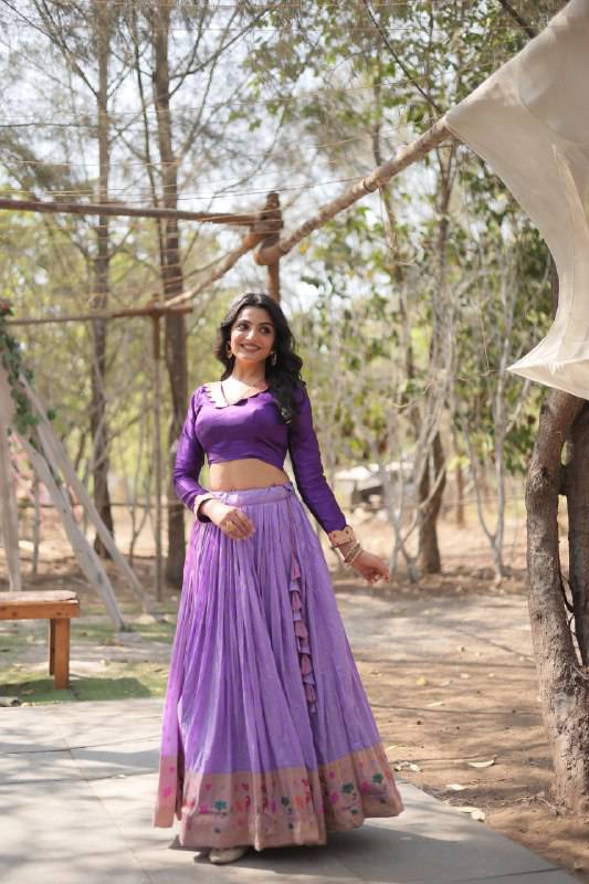 Chic Viscose Jacquard Zari Border Worked Fully Stitched Lehenga Choli - Ethnicwish