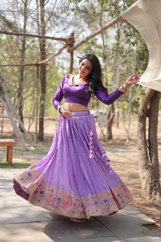 Chic Viscose Jacquard Zari Border Worked Fully Stitched Lehenga Choli - Ethnicwish