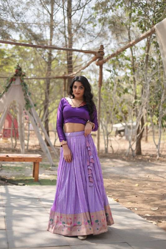 Chic Viscose Jacquard Zari Border Worked Fully Stitched Lehenga Choli - Ethnicwish