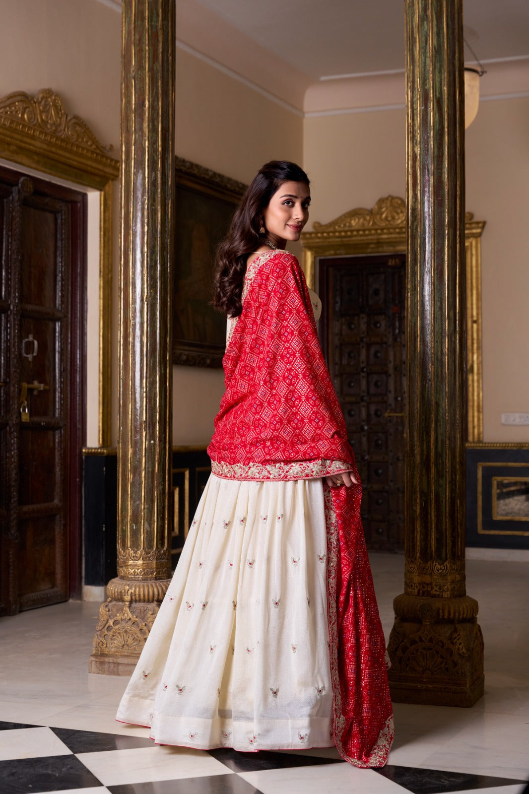 Off White Vichitra Silk Thread Sequins Worked Lehenga Choli - ETHNICDEAL
