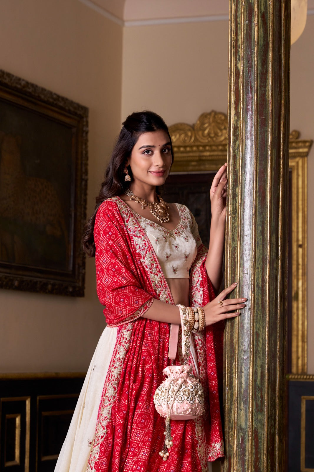 Off White Vichitra Silk Thread Sequins Worked Lehenga Choli - ETHNICDEAL