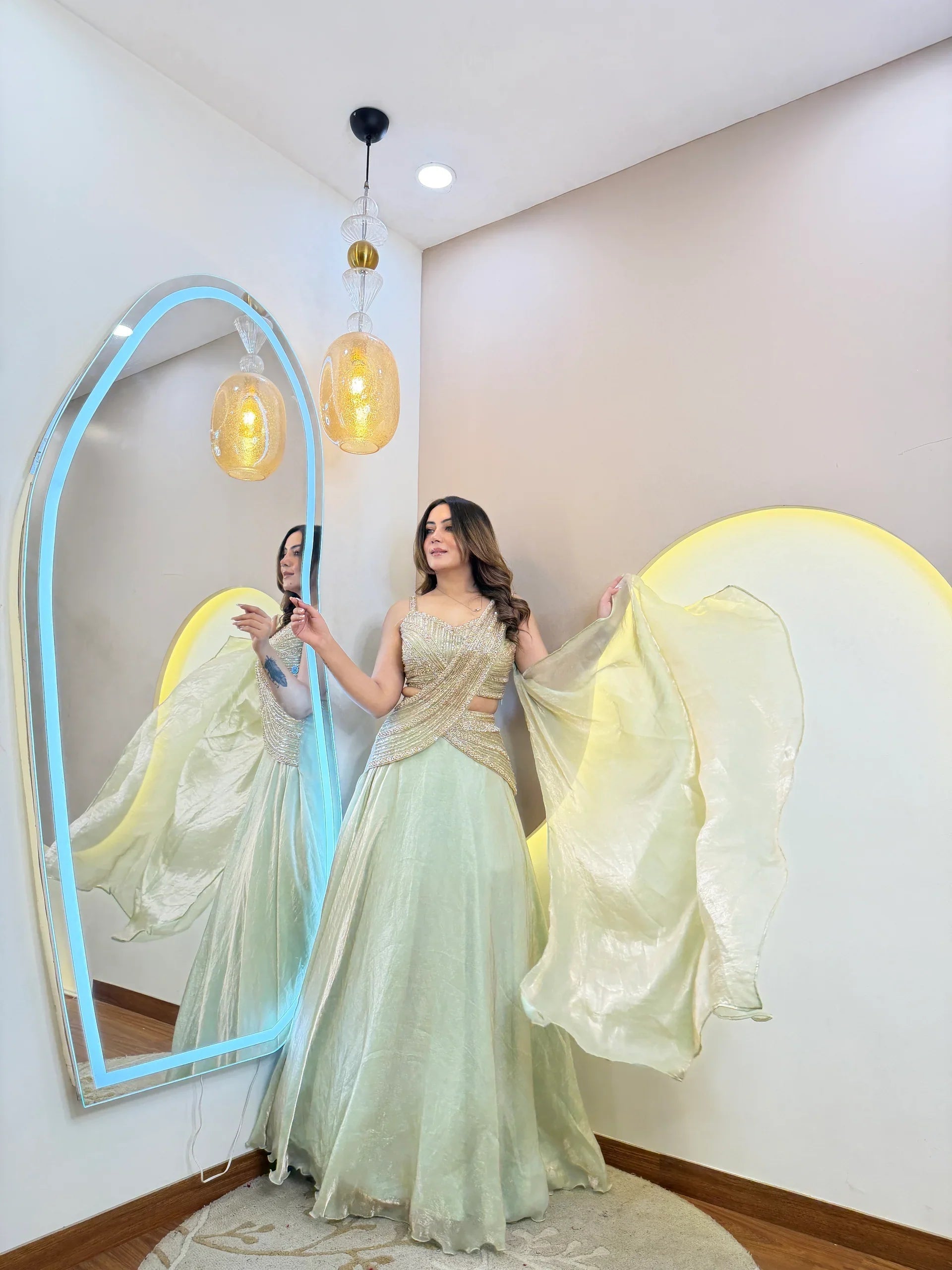 Mint Green Handwork Organza Ready-to-Wear Lehenga Saree for Women