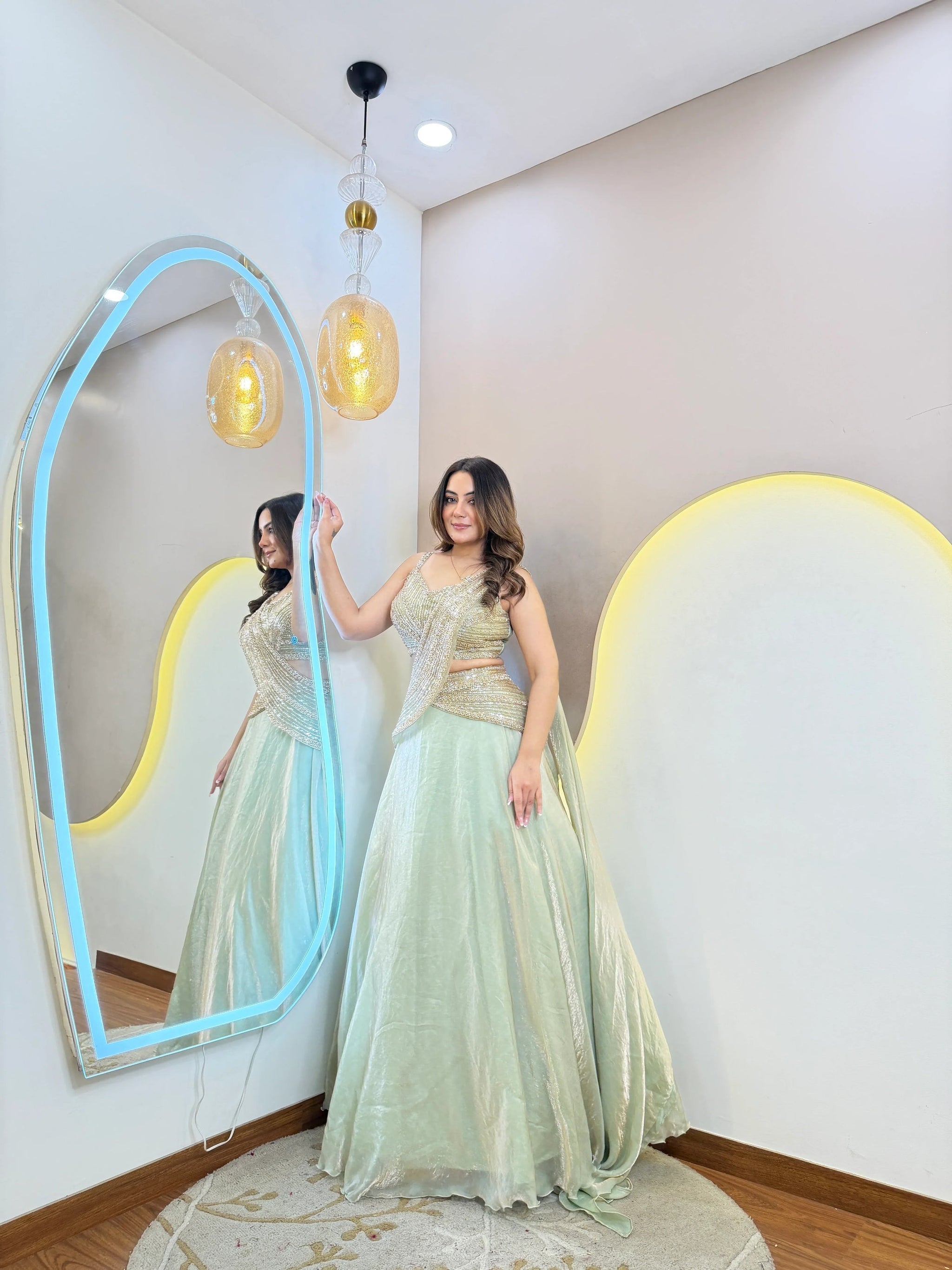 Mint Green Handwork Organza Ready-to-Wear Lehenga Saree for Women