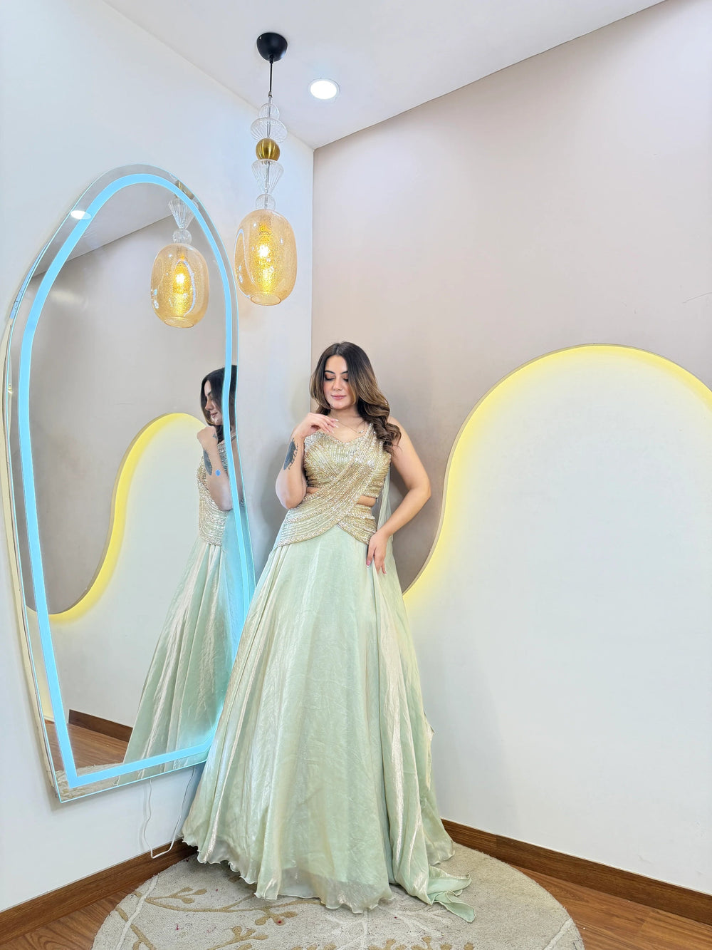 Mint Green Handwork Organza Ready-to-Wear Lehenga Saree for Women