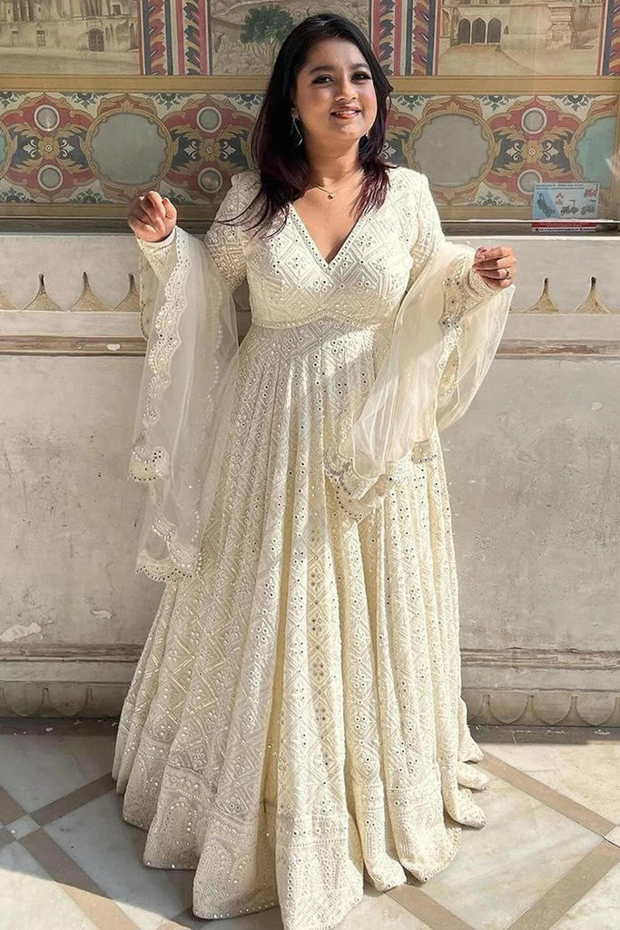 Off White Georgette Anarkali Gown Suit Set With Dupatta