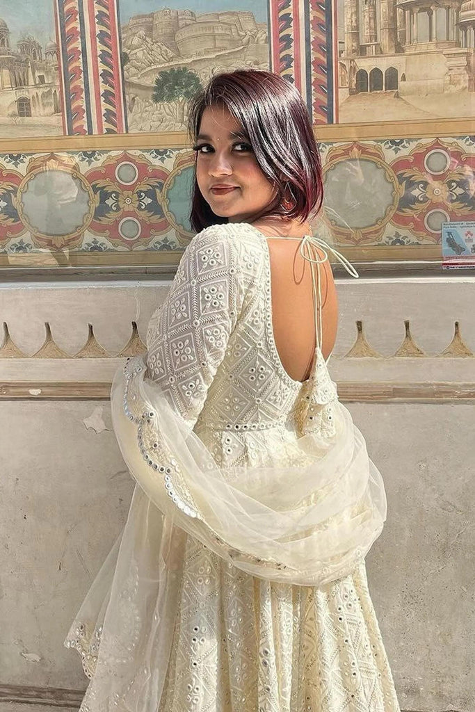 Off White Georgette Anarkali Gown Suit Set With Dupatta