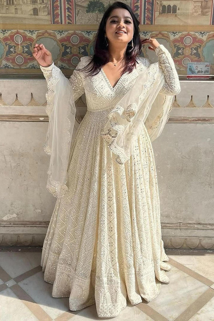 Off White Georgette Anarkali Gown Suit Set With Dupatta