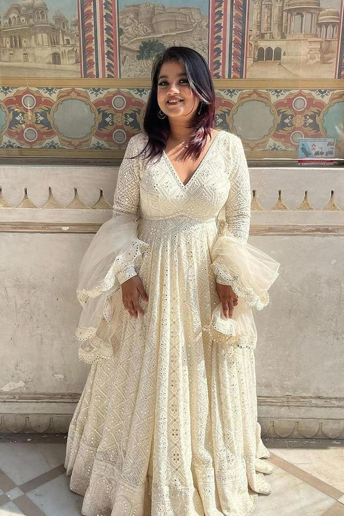 Off White Georgette Anarkali Gown Suit Set With Dupatta