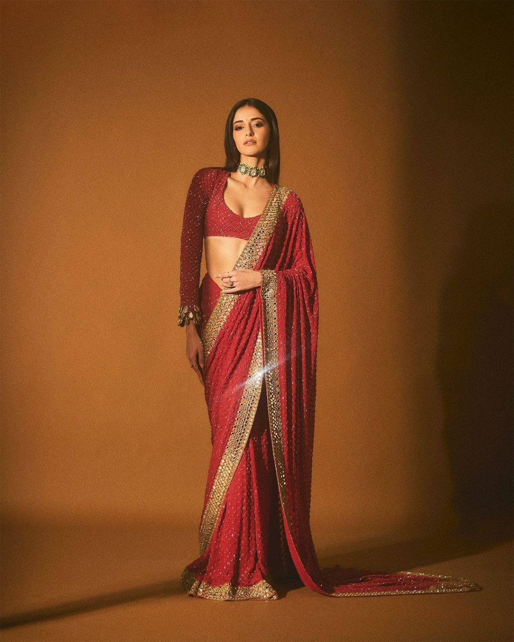 Party-Wear Red Mirror Sequin Work Faux Georgette Saree with Blouse