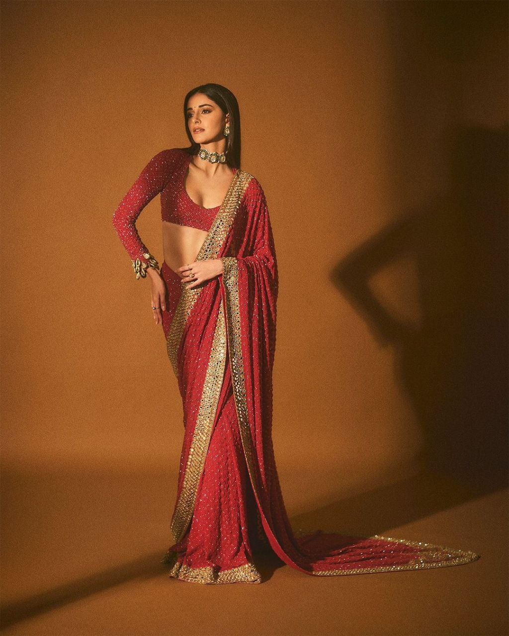 Party-Wear Red Mirror Sequin Work Faux Georgette Saree with Blouse