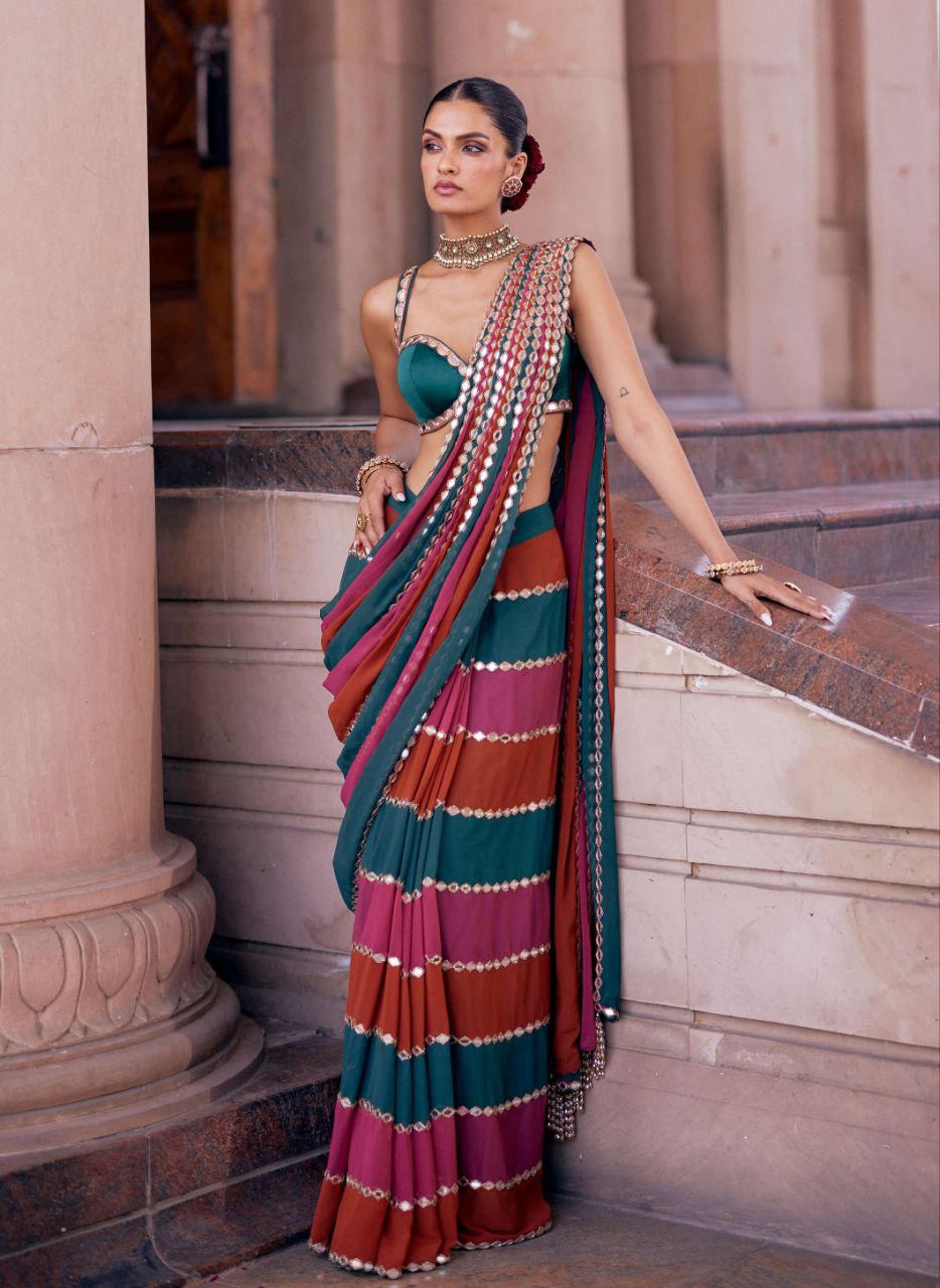 Multicolour Real Mirror Work Georgette Saree with Blouse for Women | Designer Festive Saree