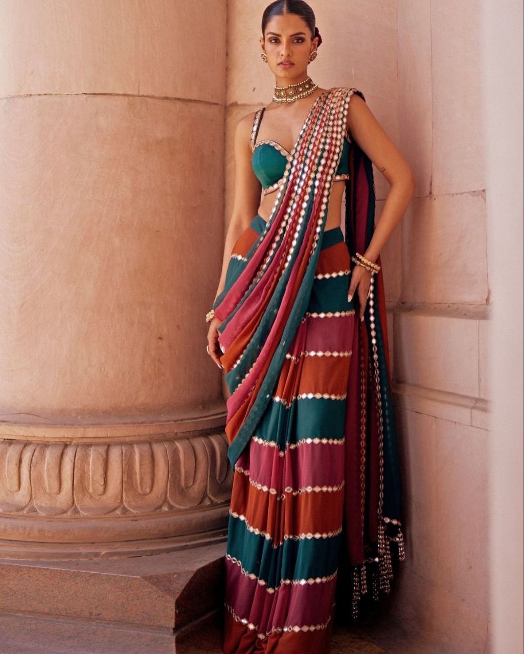 Multicolour Real Mirror Work Georgette Saree with Blouse for Women | Designer Festive Saree