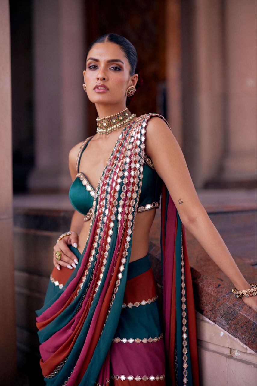 Multicolour Real Mirror Work Georgette Saree with Blouse for Women | Designer Festive Saree