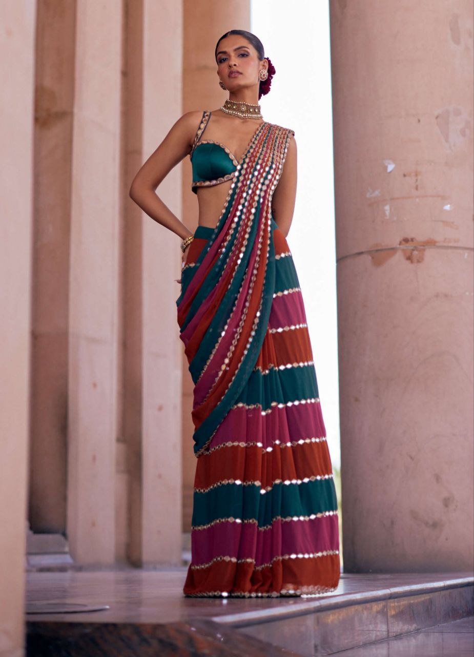 Multicolour Real Mirror Work Georgette Saree with Blouse for Women | Designer Festive Saree