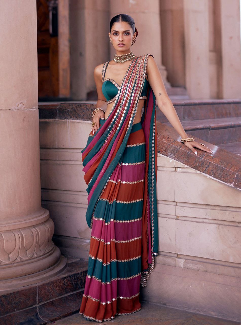 Multicolour Real Mirror Work Georgette Saree with Blouse for Women | Designer Festive Saree