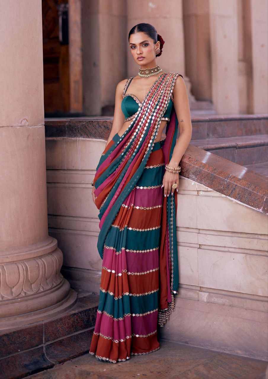 Multicolour Real Mirror Work Georgette Saree with Blouse for Women | Designer Festive Saree