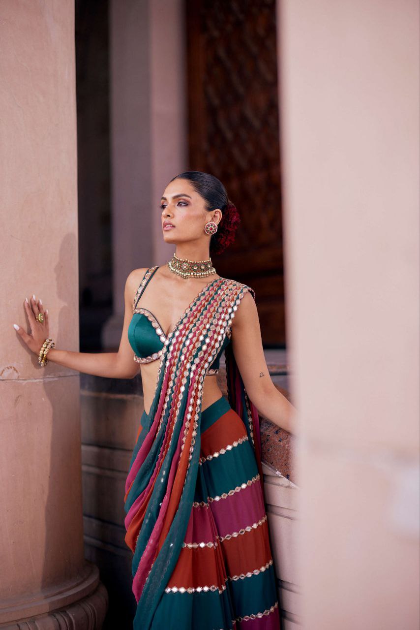 Multicolour Real Mirror Work Georgette Saree with Blouse for Women | Designer Festive Saree