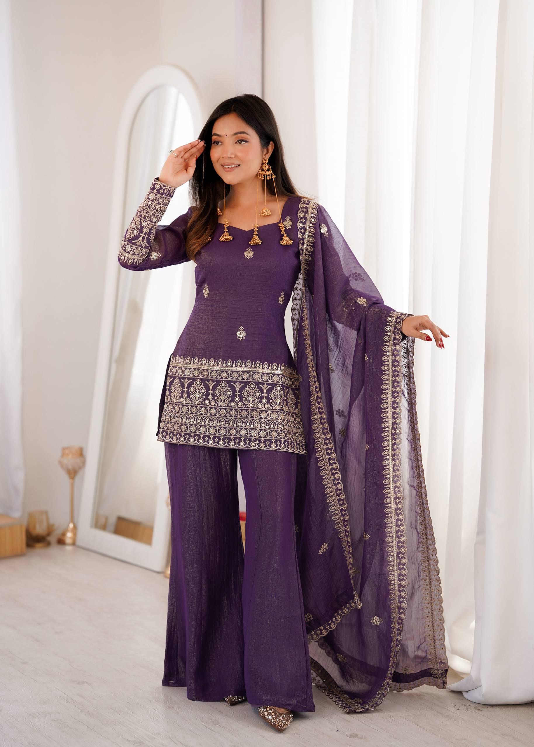 Sangeet Wear Royal Purple Kurta Palazzo Suit Set For Women