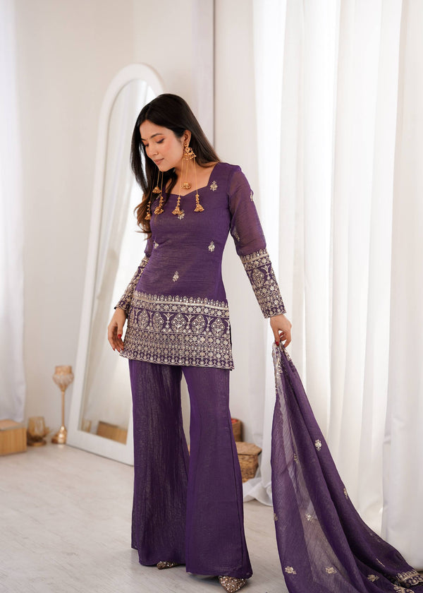Sangeet Wear Royal Purple Kurta Palazzo Suit Set For Women