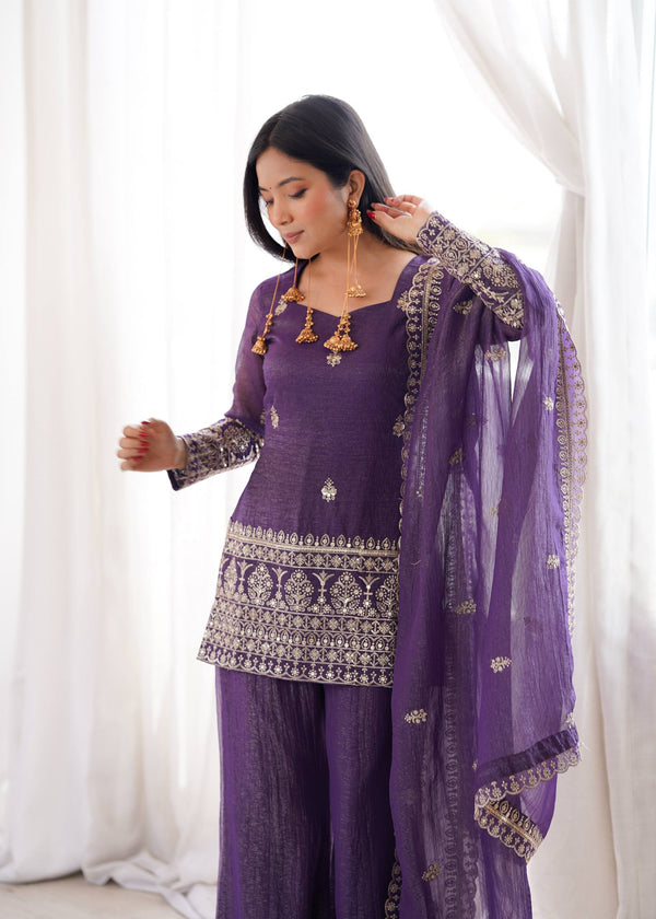 Sangeet Wear Royal Purple Kurta Palazzo Suit Set For Women