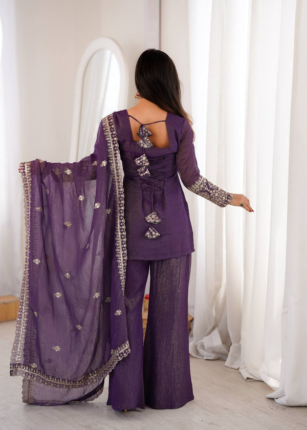 Sangeet Wear Royal Purple Kurta Palazzo Suit Set For Women