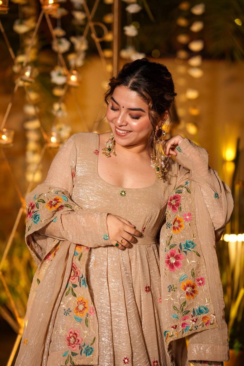 Champagne Beige Floral Embroidered Anarkali Gown with Dupatta – Luxury Festive & Wedding Evening Wear