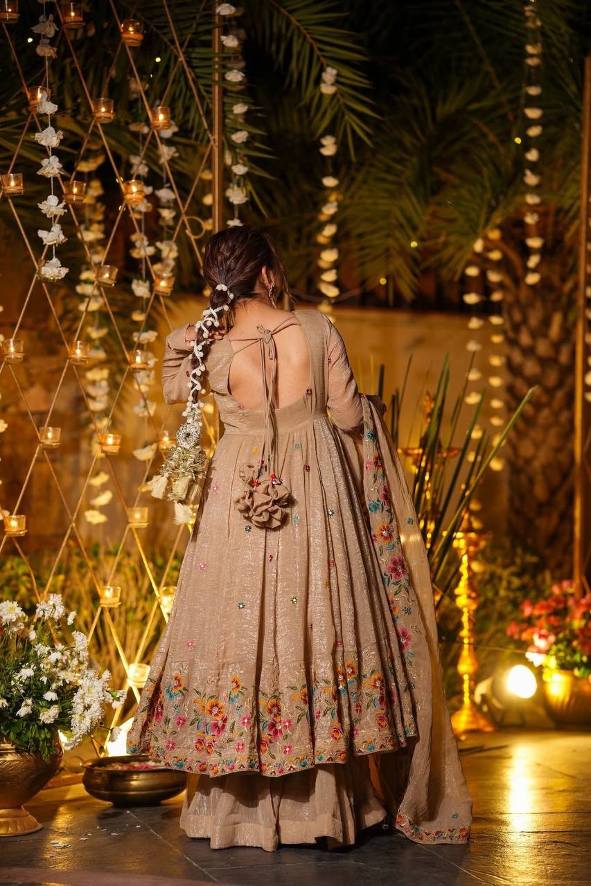 Champagne Beige Floral Embroidered Anarkali Gown with Dupatta – Luxury Festive & Wedding Evening Wear