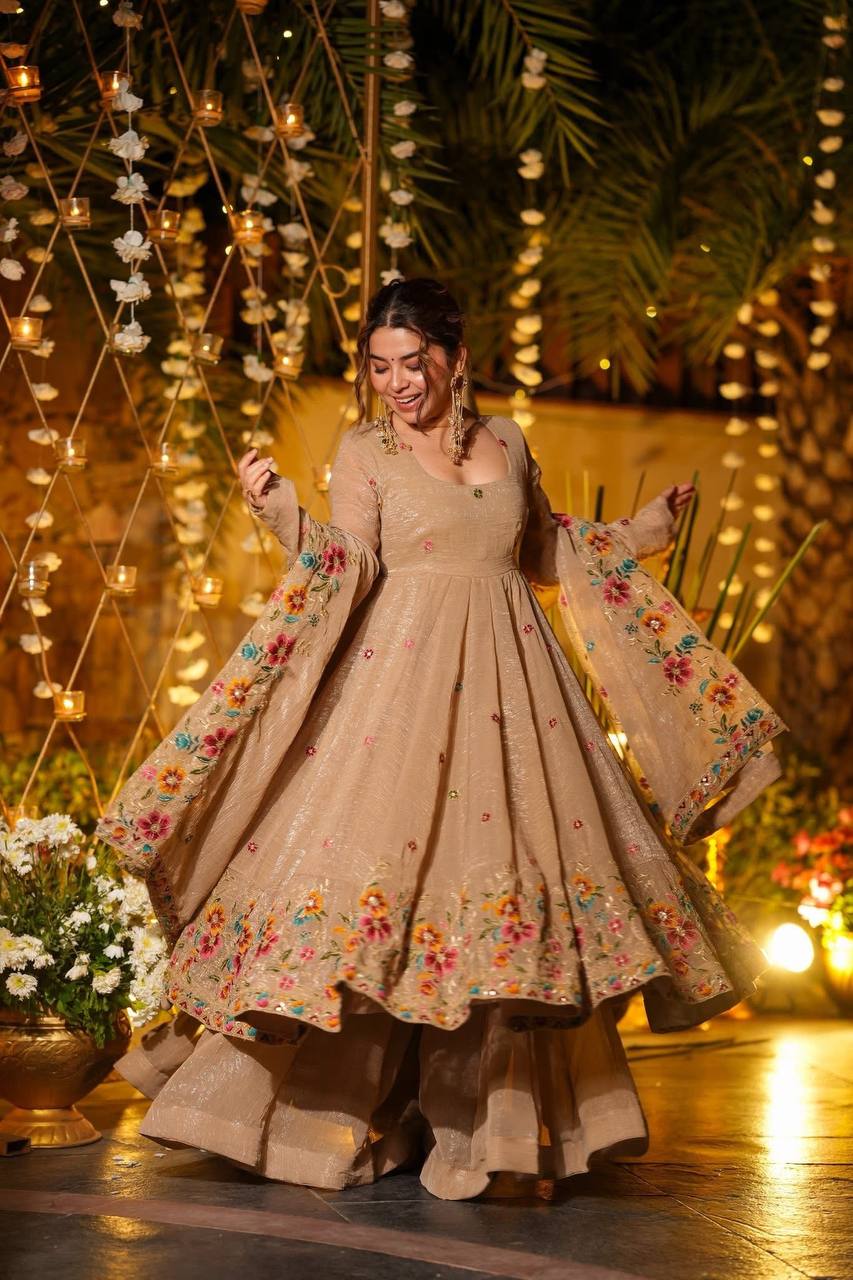 Champagne Beige Floral Embroidered Anarkali Gown with Dupatta – Luxury Festive & Wedding Evening Wear
