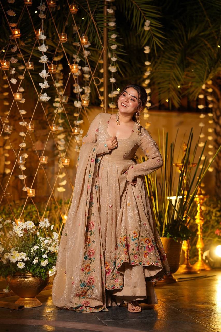 Champagne Beige Floral Embroidered Anarkali Gown with Dupatta – Luxury Festive & Wedding Evening Wear