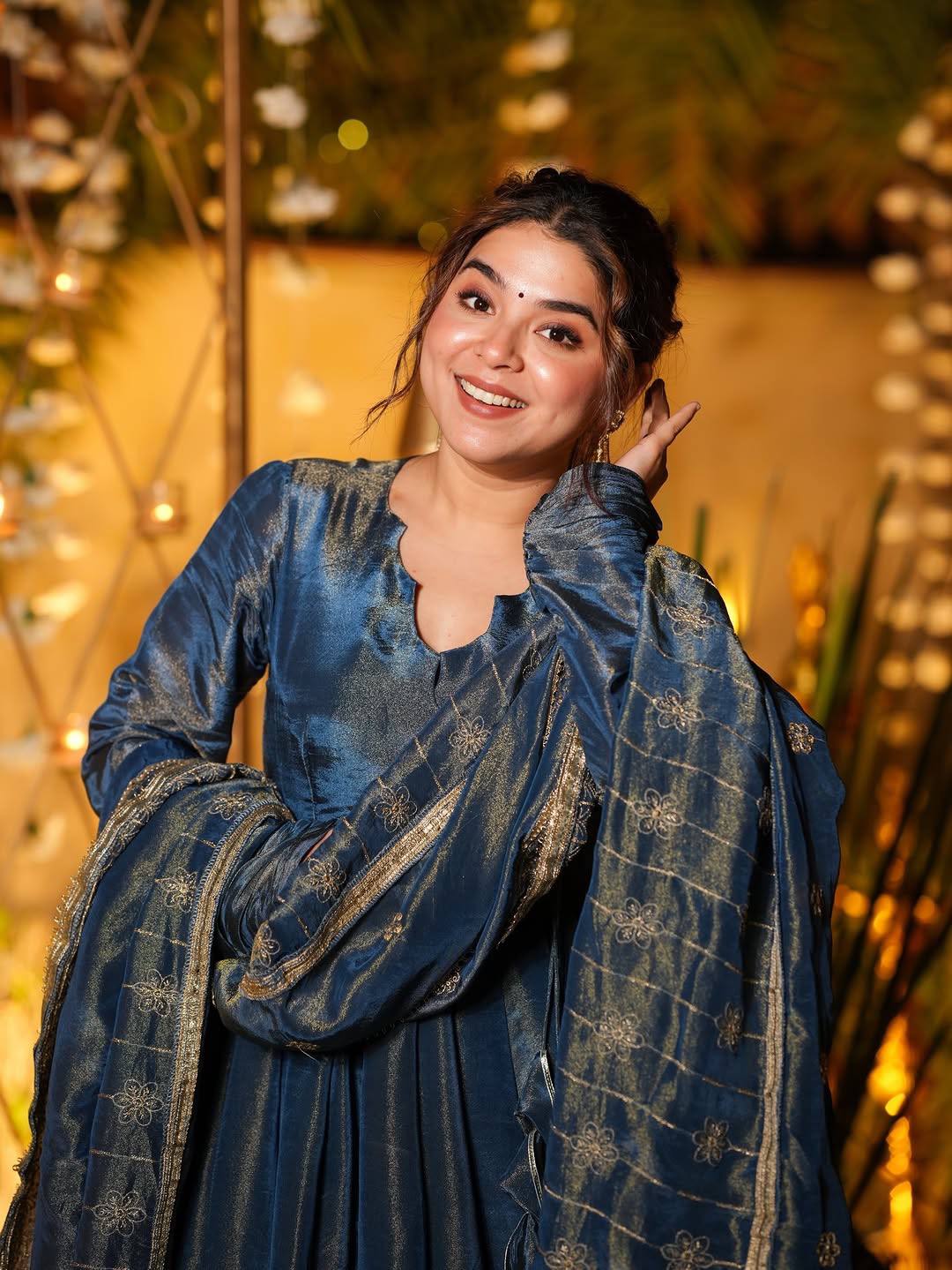 Midnight Blue Cosmos Silk Anarkali Kurta Set with Dupatta & Straight Pants