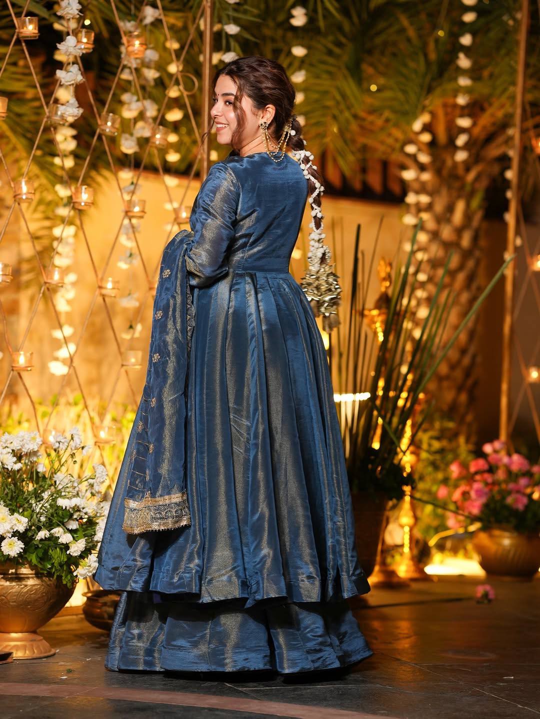 Midnight Blue Cosmos Silk Anarkali Kurta Set with Dupatta & Straight Pants