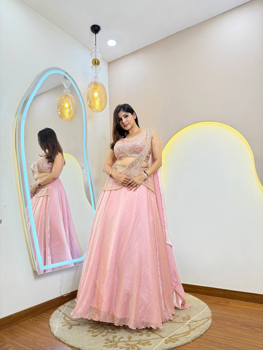 Mint Green Handwork Organza Ready-to-Wear Lehenga Saree for Women