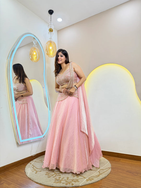 Mint Green Handwork Organza Ready-to-Wear Lehenga Saree for Women