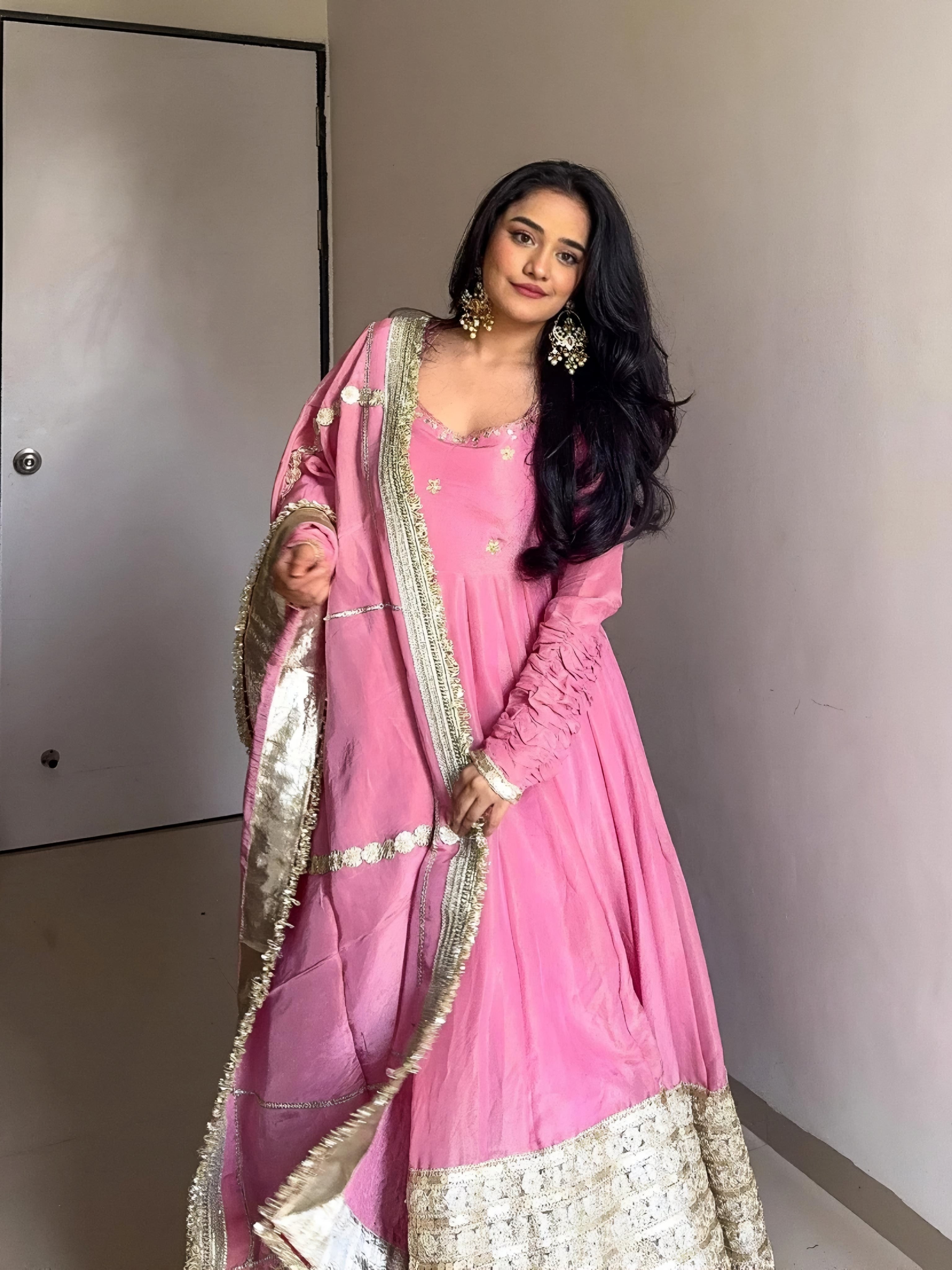 Prisha Pink Vichitra Silk Anarkali Suit Set