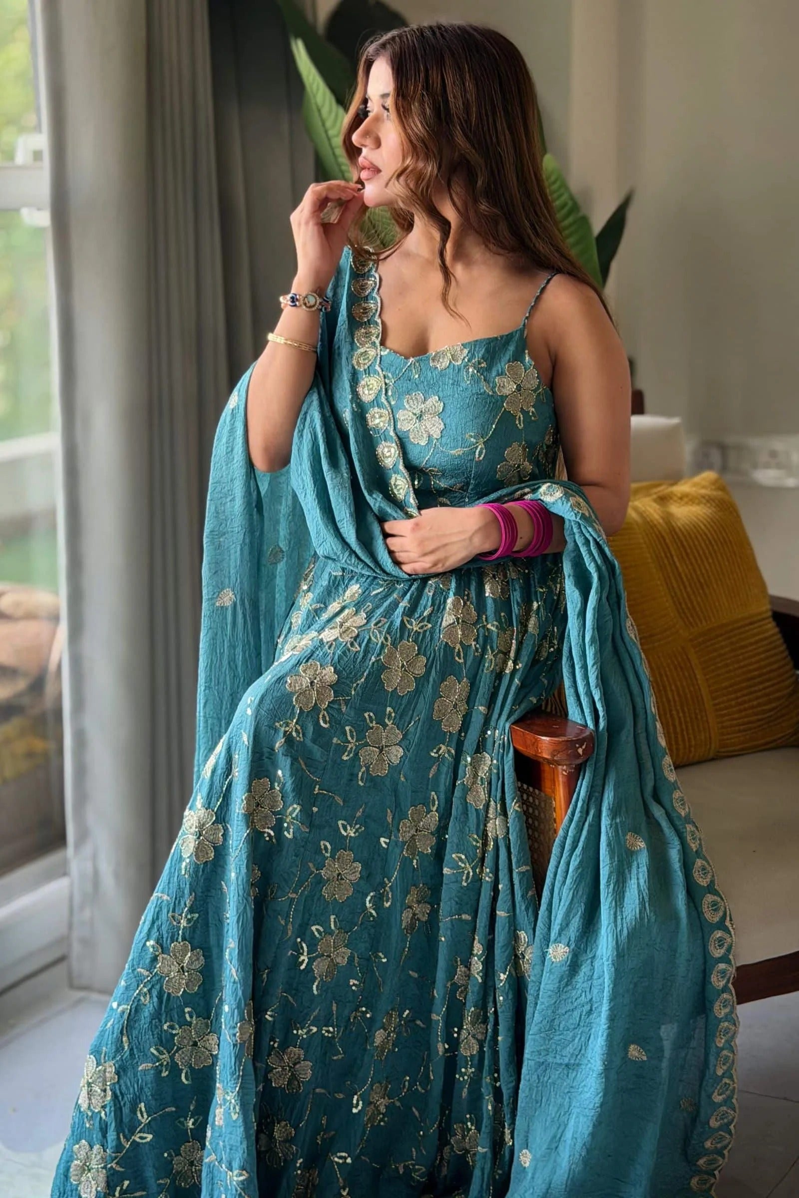 Teal Blue Floral Anarkali Gown Suit Set With Dupatta for Women