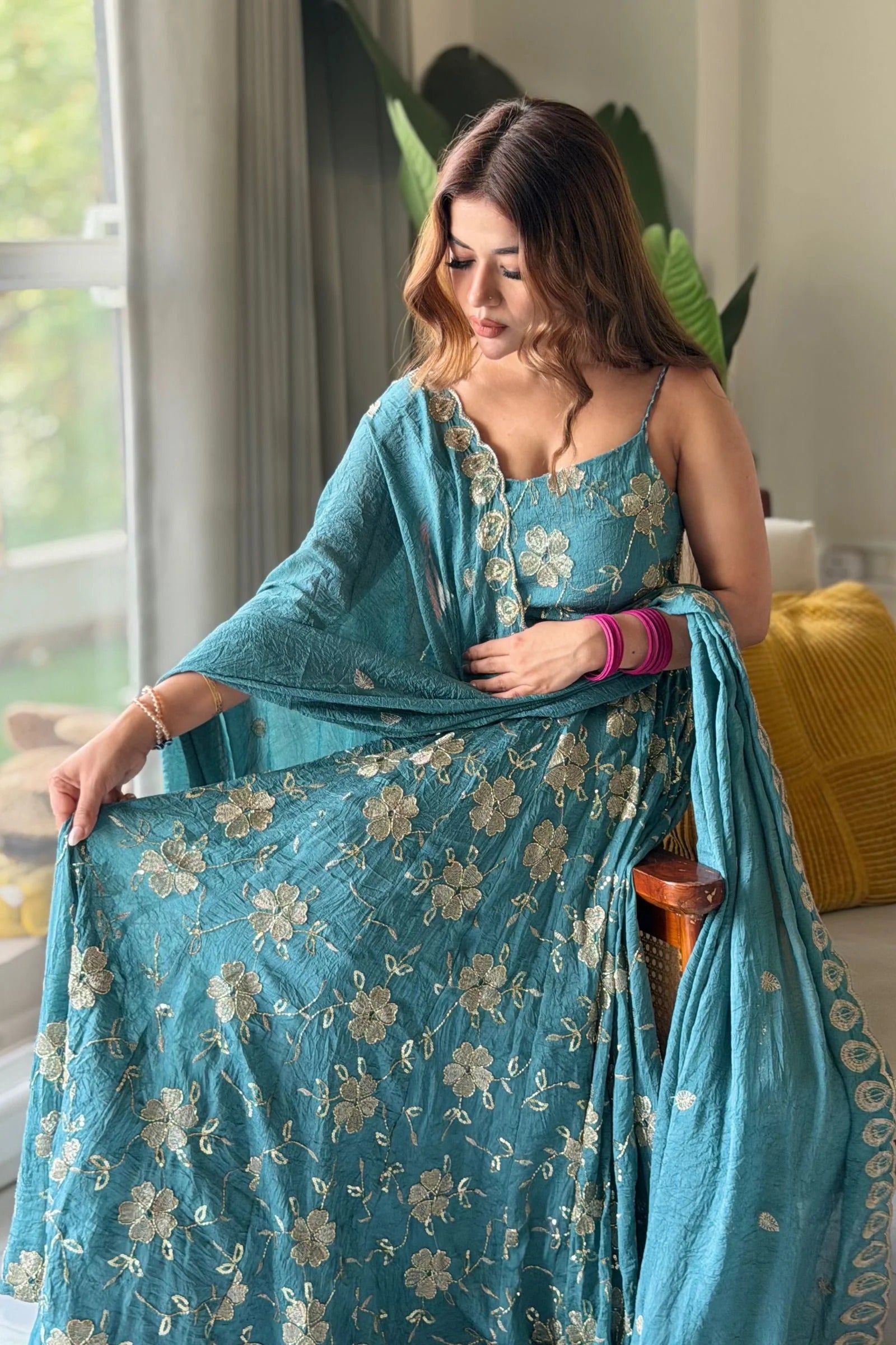 Teal Blue Floral Anarkali Gown Suit Set With Dupatta for Women