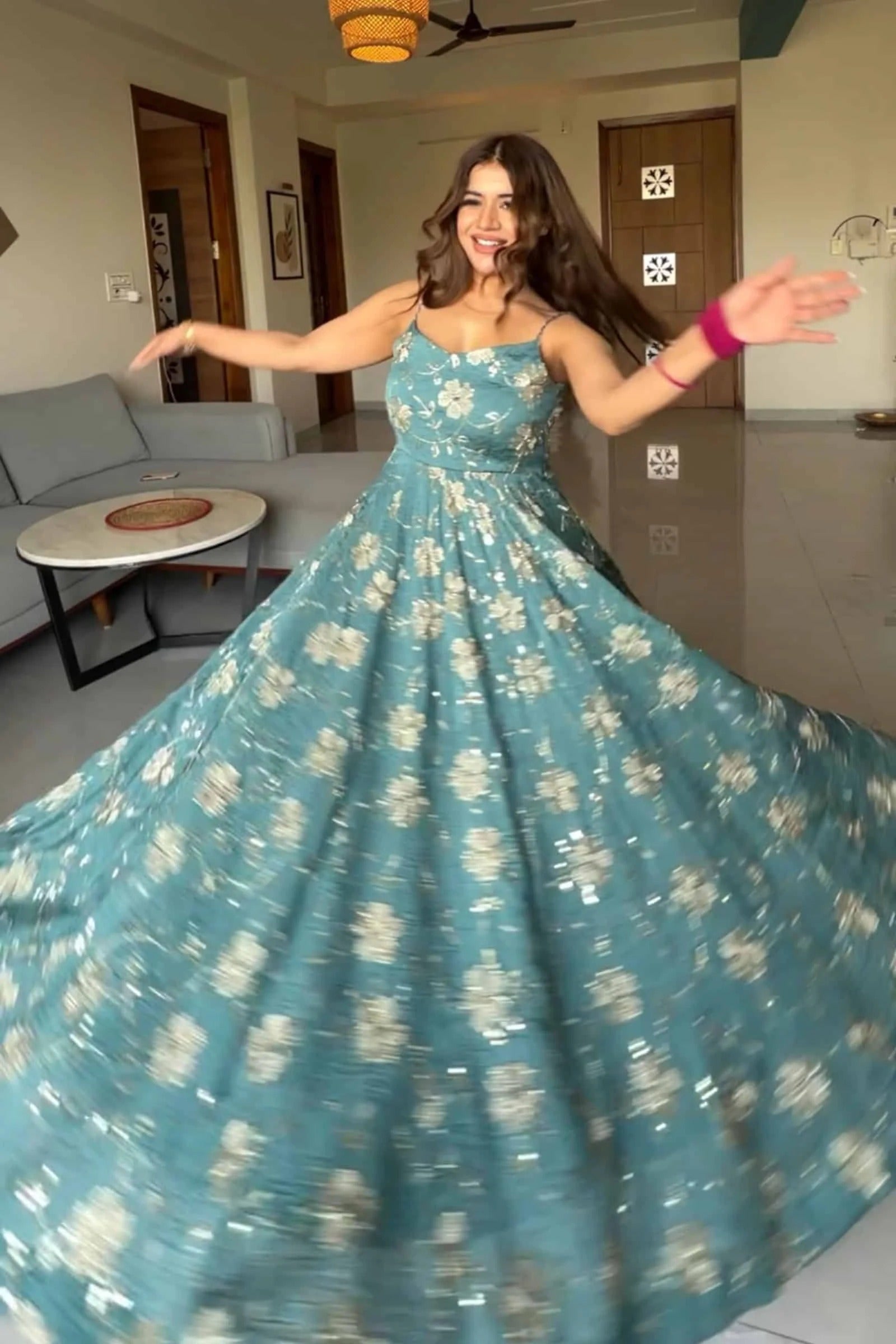 Teal Blue Floral Anarkali Gown Suit Set With Dupatta for Women