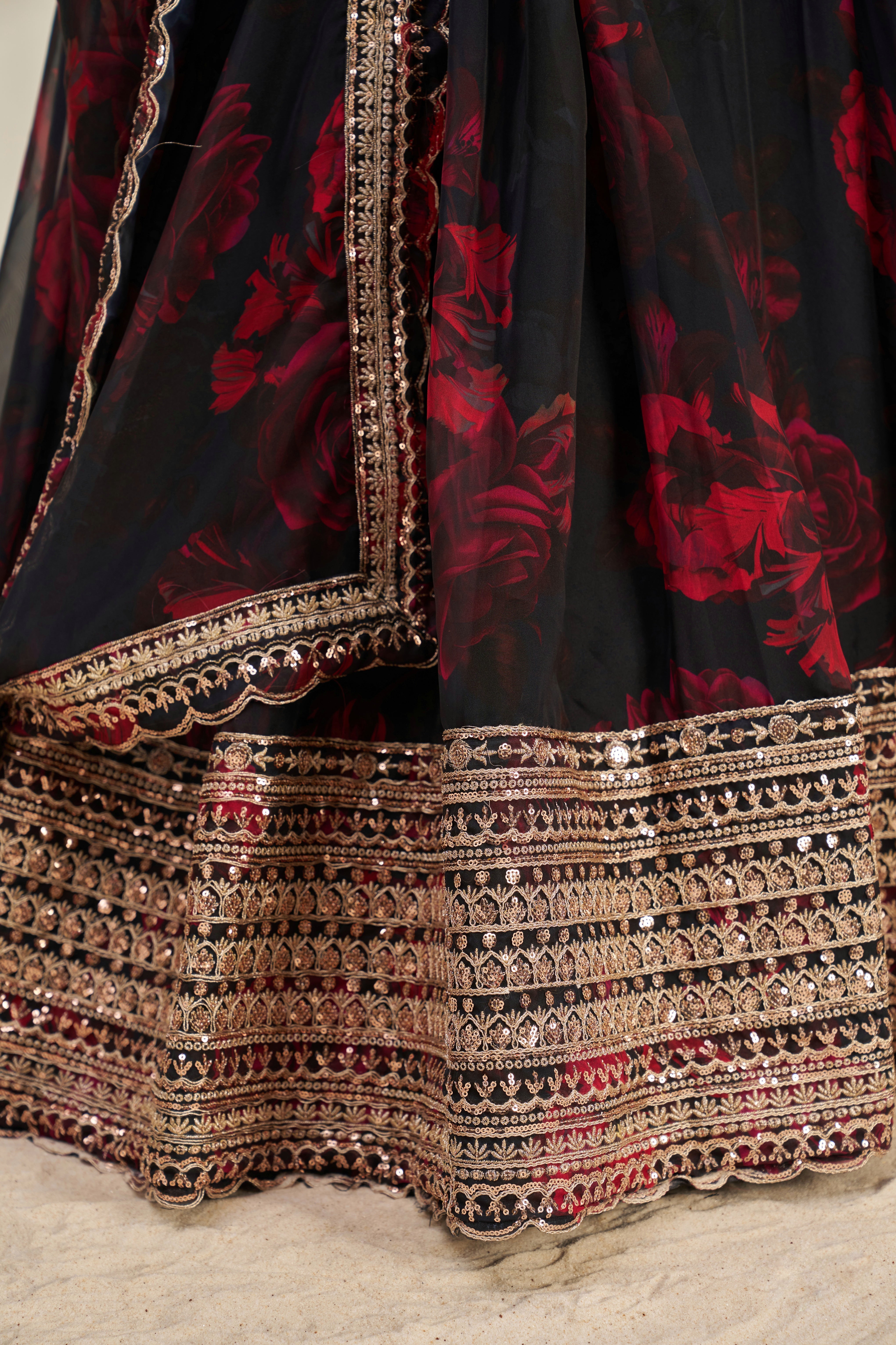Stunning Floral Printed Sequins Embroidered Organza Lehenga Set - ETHNICDEAL