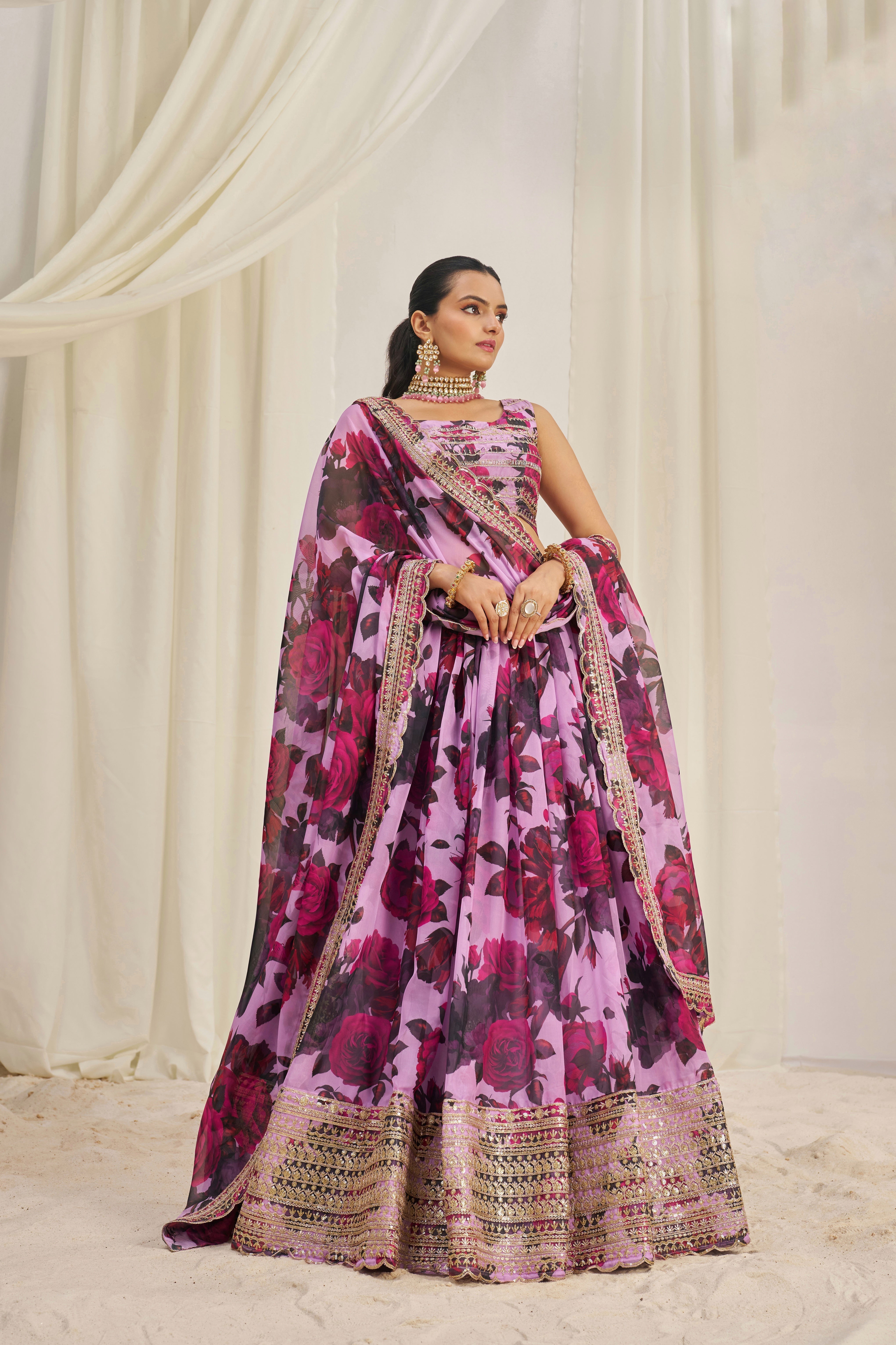 Stunning Floral Printed Sequins Embroidered Organza Lehenga Set - ETHNICDEAL