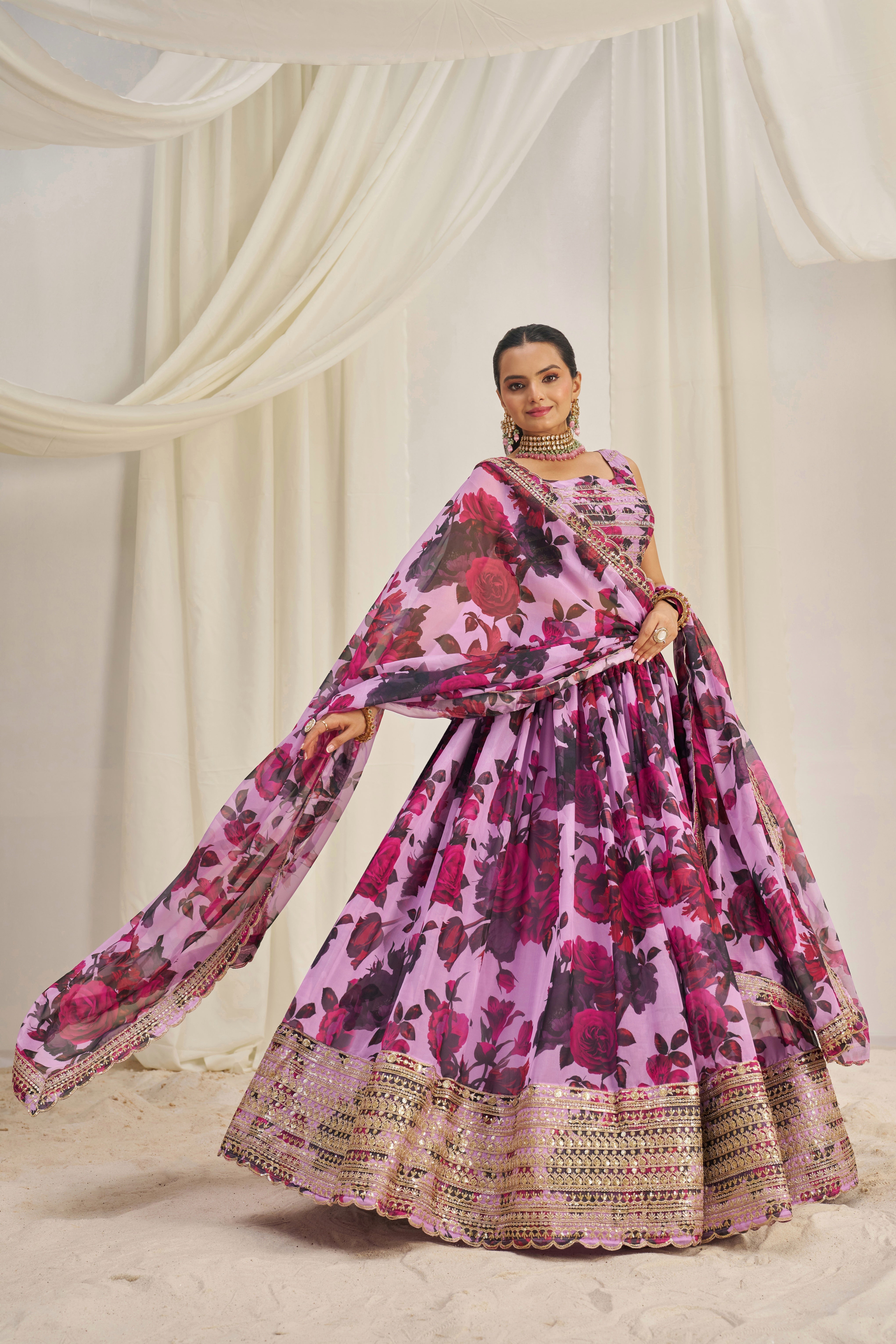 Stunning Floral Printed Sequins Embroidered Organza Lehenga Set - ETHNICDEAL