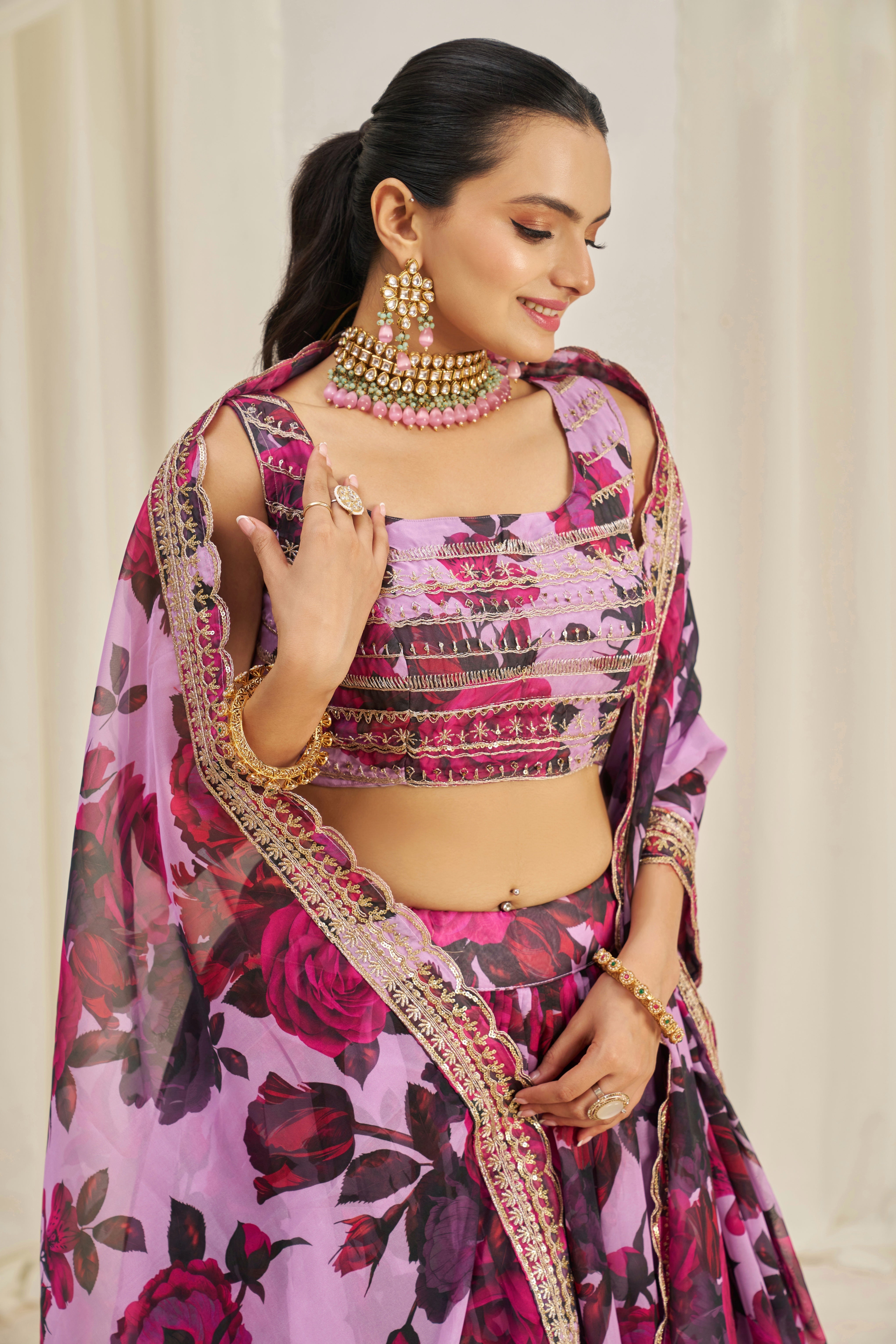Stunning Floral Printed Sequins Embroidered Organza Lehenga Set - ETHNICDEAL