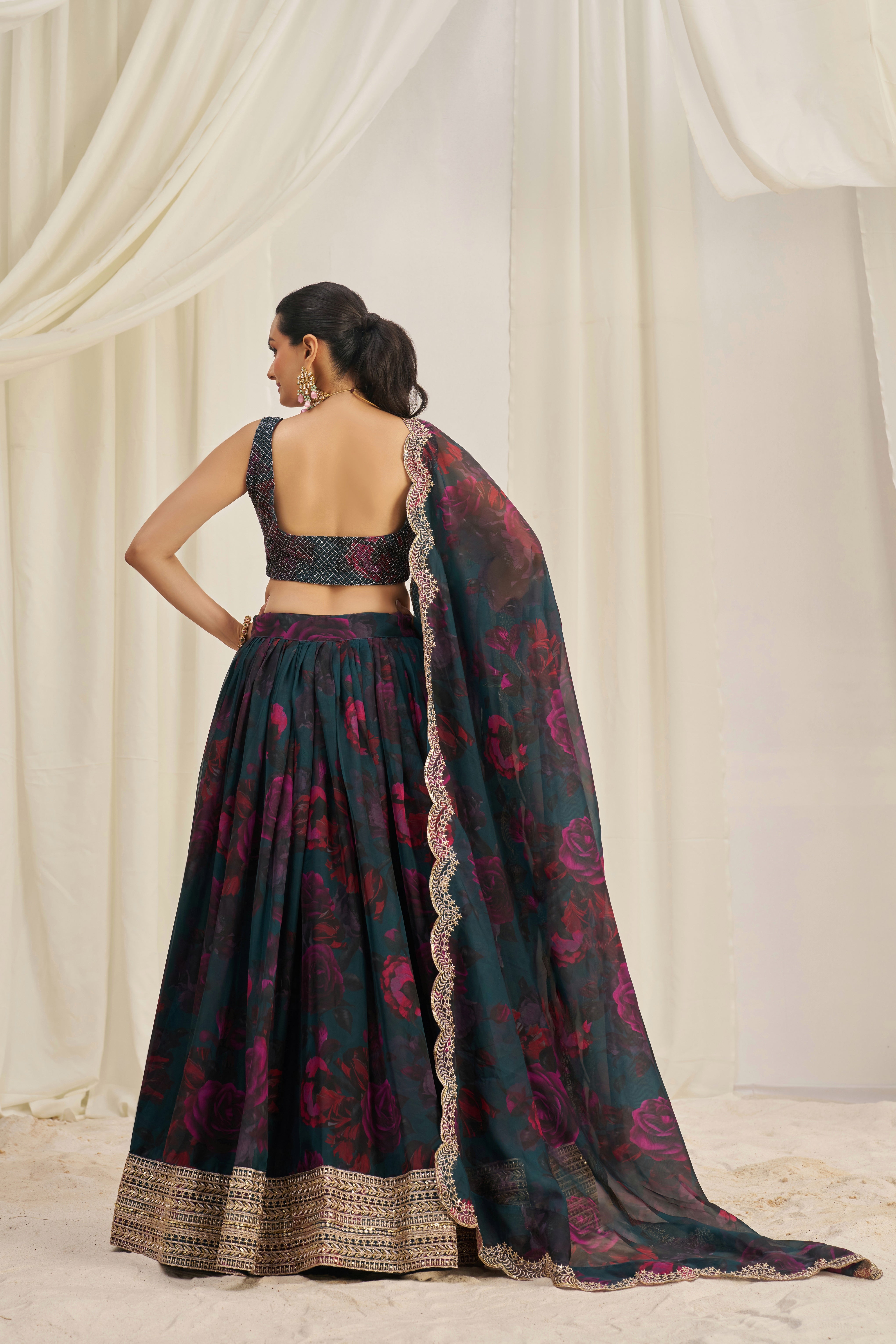 Stunning Floral Printed Sequins Embroidered Organza Lehenga Set - ETHNICDEAL